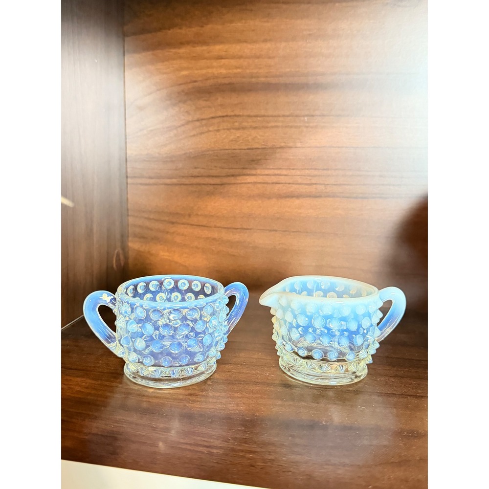 Fenton pale Blue Opalescent Hobnail Glass Creamer and Sugar Bowl Set Vintage